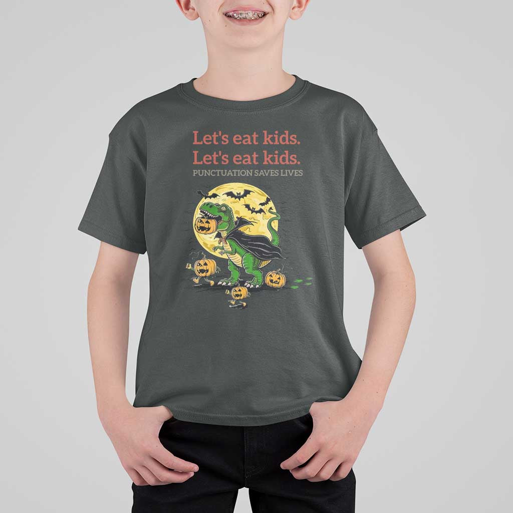 Grammar English Teacher T Shirt For Kid Funny Halloween Dinosaurs Pumpkin Punctuation Saves Lives