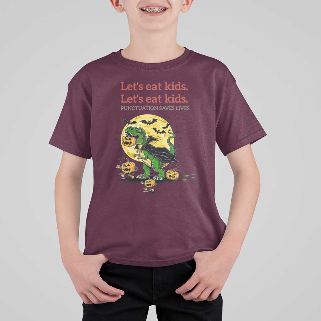 Grammar English Teacher T Shirt For Kid Funny Halloween Dinosaurs Pumpkin Punctuation Saves Lives