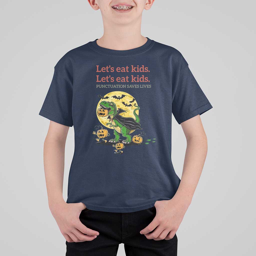 Grammar English Teacher T Shirt For Kid Funny Halloween Dinosaurs Pumpkin Punctuation Saves Lives