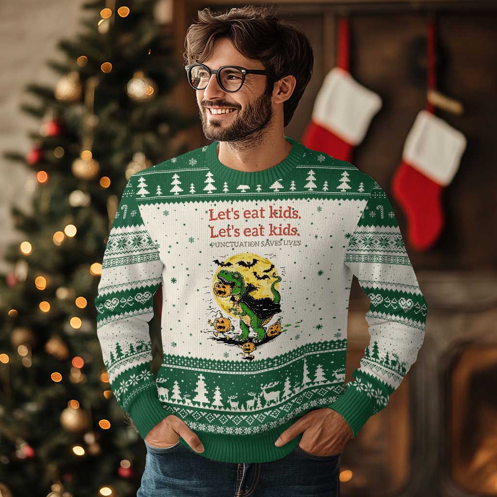 Grammar English Teacher Ugly Christmas Sweater Funny Halloween Dinosaurs Pumpkin Punctuation Saves Lives
