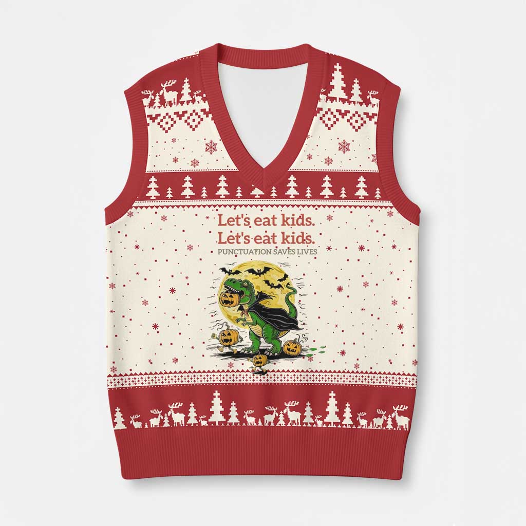 Grammar English Teacher V-Neck Knit Sweater Vest Funny Halloween Dinosaurs Pumpkin Punctuation Saves Lives