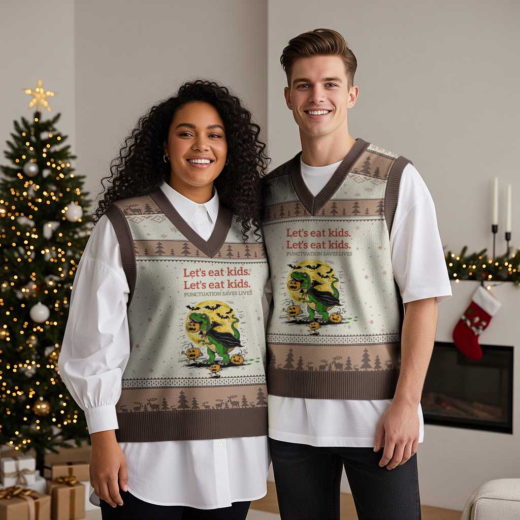 Grammar English Teacher V-Neck Knit Sweater Vest Funny Halloween Dinosaurs Pumpkin Punctuation Saves Lives