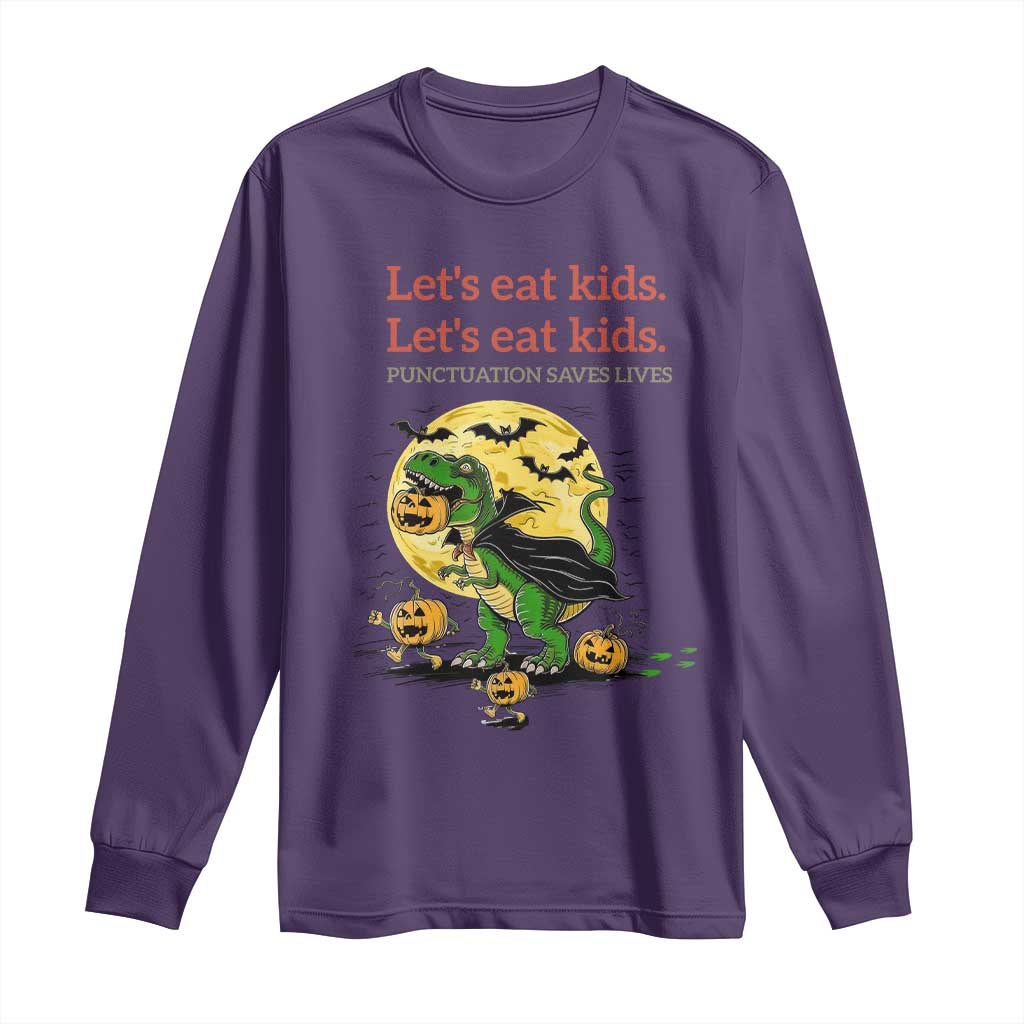 Grammar English Teacher Long Sleeve Shirt Funny Halloween Dinosaurs Pumpkin Punctuation Saves Lives