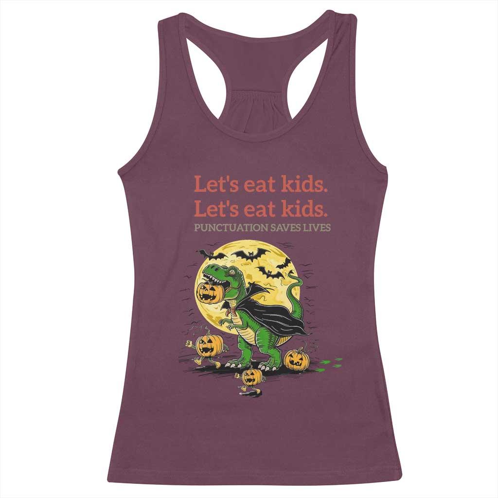 Grammar English Teacher Racerback Tank Top Funny Halloween Dinosaurs Pumpkin Punctuation Saves Lives