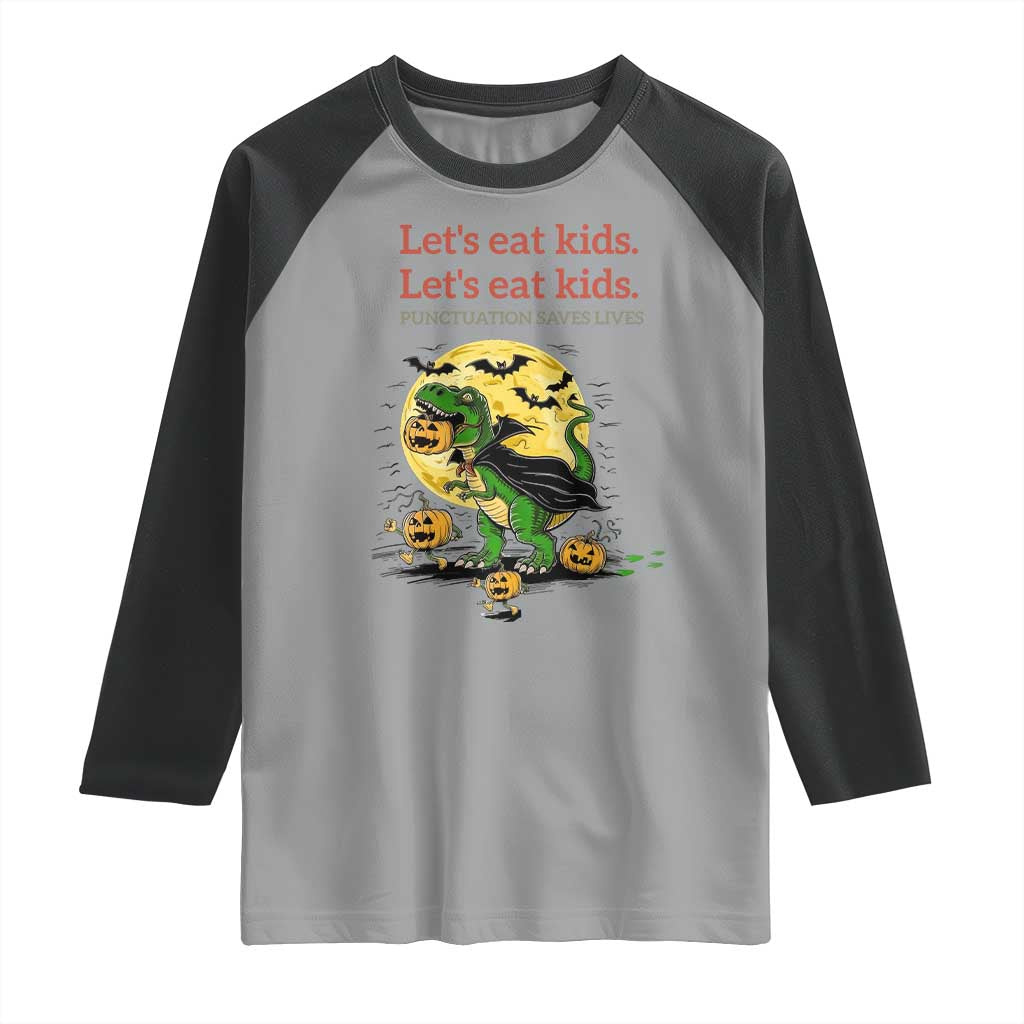 Grammar English Teacher Raglan Shirt Funny Halloween Dinosaurs Pumpkin Punctuation Saves Lives