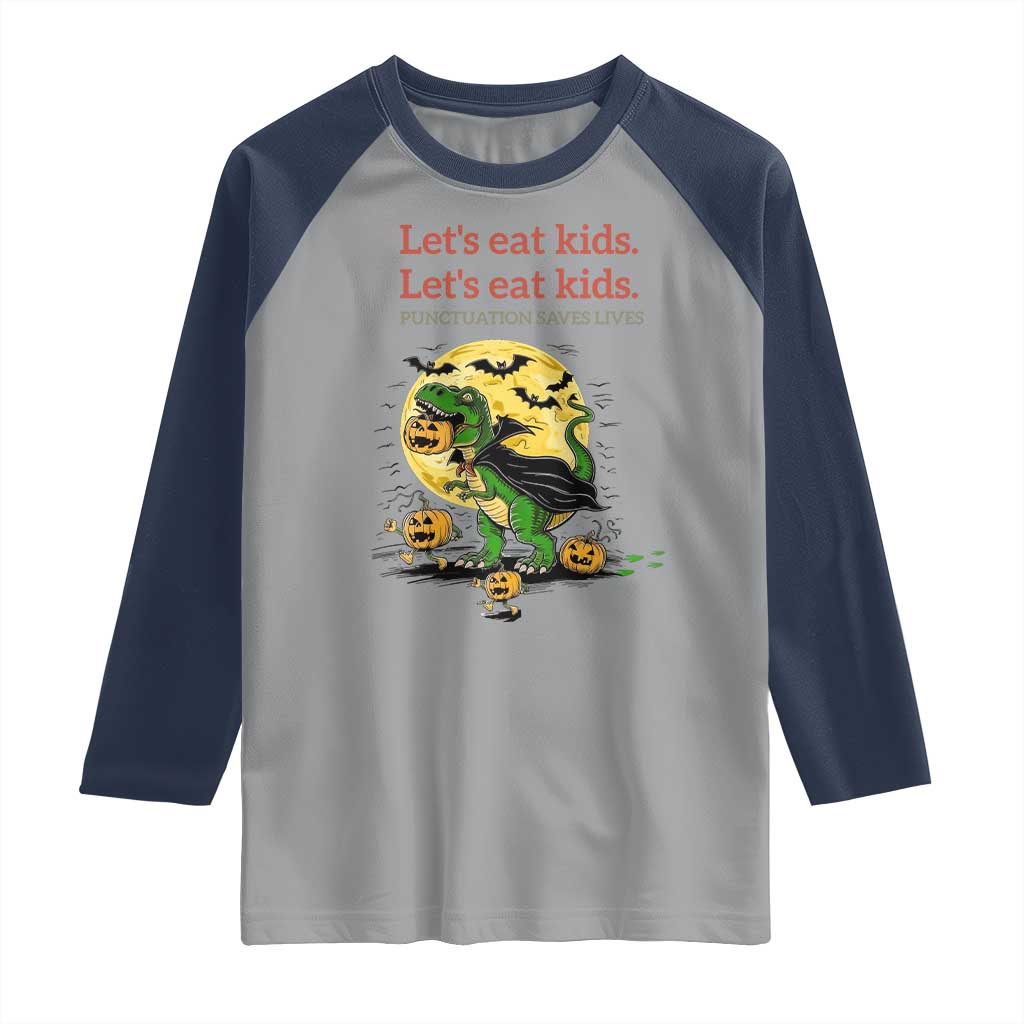 Grammar English Teacher Raglan Shirt Funny Halloween Dinosaurs Pumpkin Punctuation Saves Lives