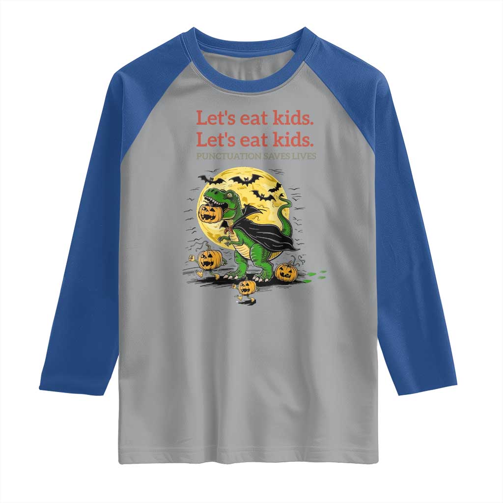 Grammar English Teacher Raglan Shirt Funny Halloween Dinosaurs Pumpkin Punctuation Saves Lives