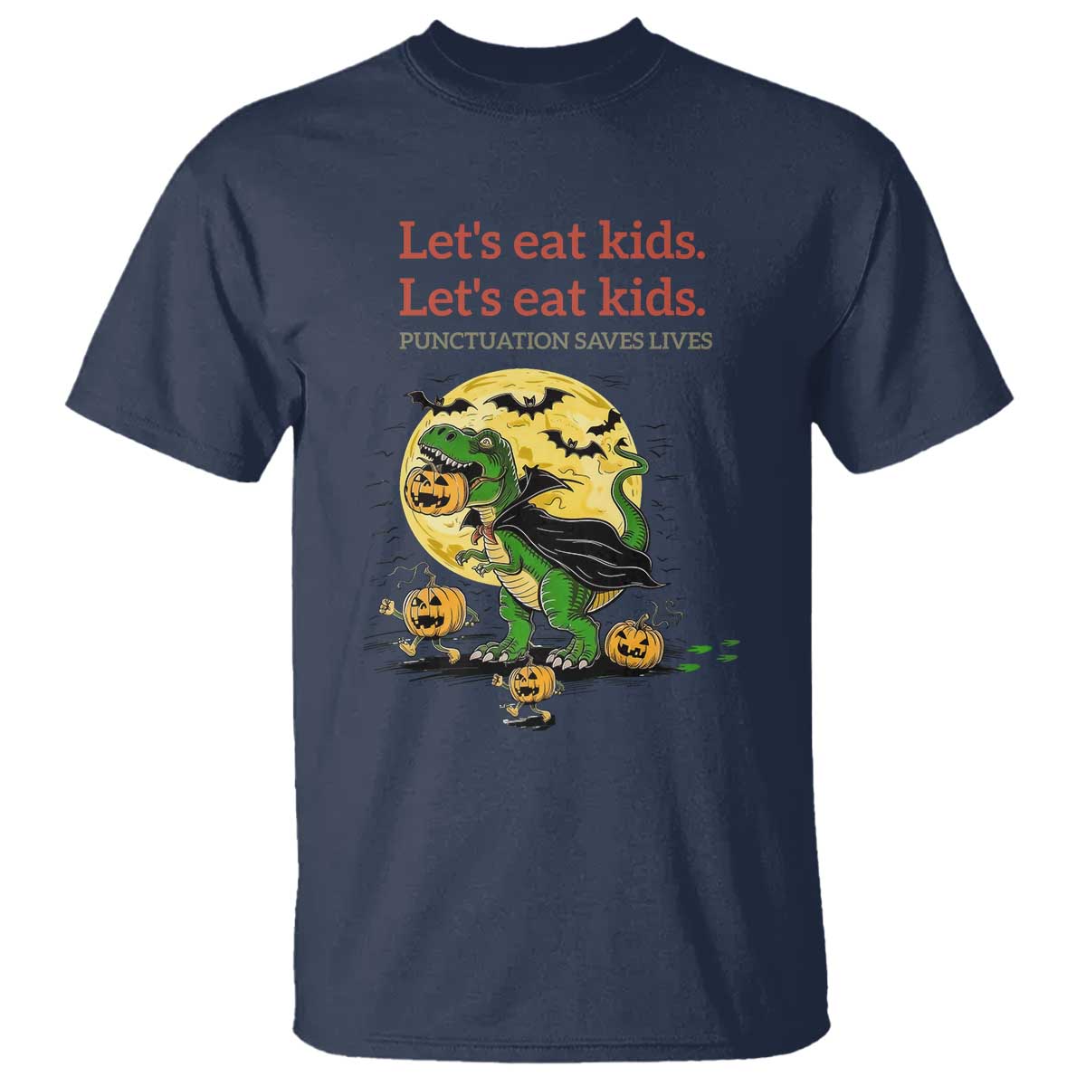 Grammar English Teacher T Shirt Funny Halloween Dinosaurs Pumpkin Punctuation Saves Lives