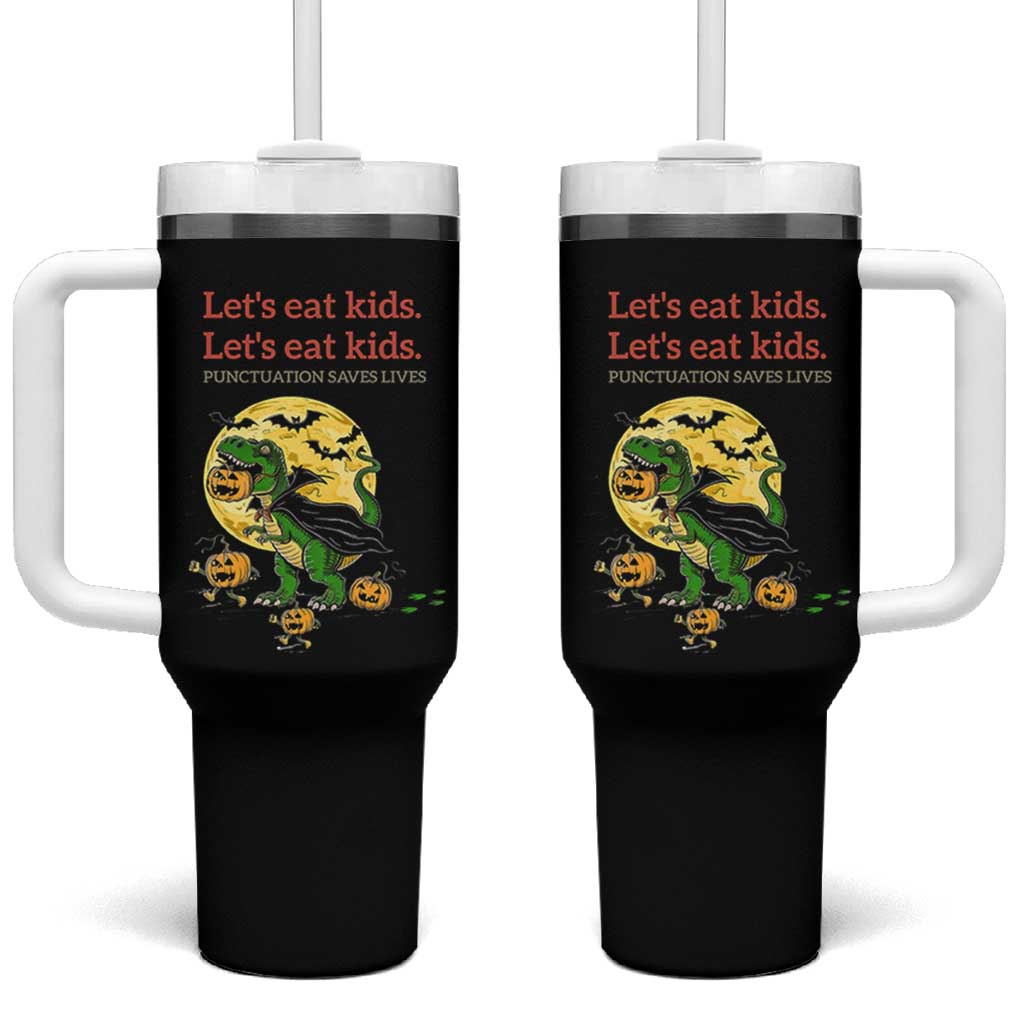 Grammar English Teacher Tumbler With Handle Funny Halloween Dinosaurs Pumpkin Punctuation Saves Lives