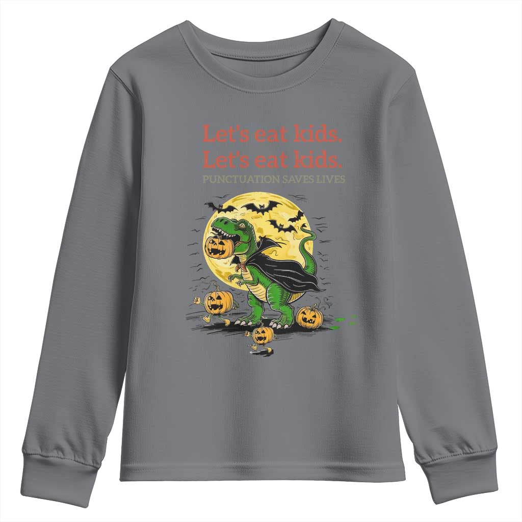 Grammar English Teacher Youth Sweatshirt Funny Halloween Dinosaurs Pumpkin Punctuation Saves Lives
