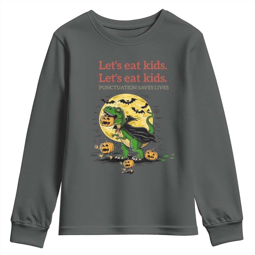 Grammar English Teacher Youth Sweatshirt Funny Halloween Dinosaurs Pumpkin Punctuation Saves Lives