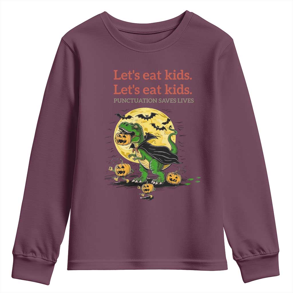 Grammar English Teacher Youth Sweatshirt Funny Halloween Dinosaurs Pumpkin Punctuation Saves Lives