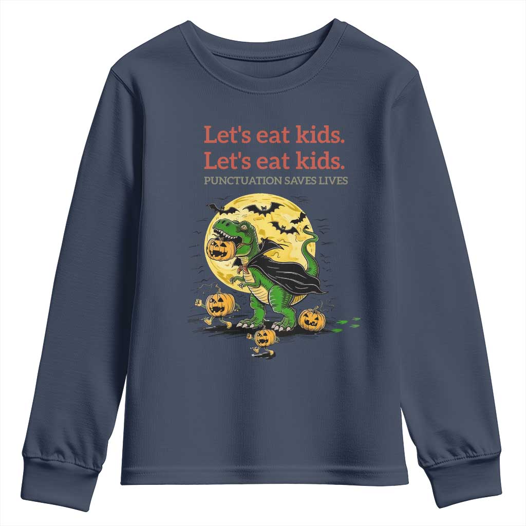 Grammar English Teacher Youth Sweatshirt Funny Halloween Dinosaurs Pumpkin Punctuation Saves Lives