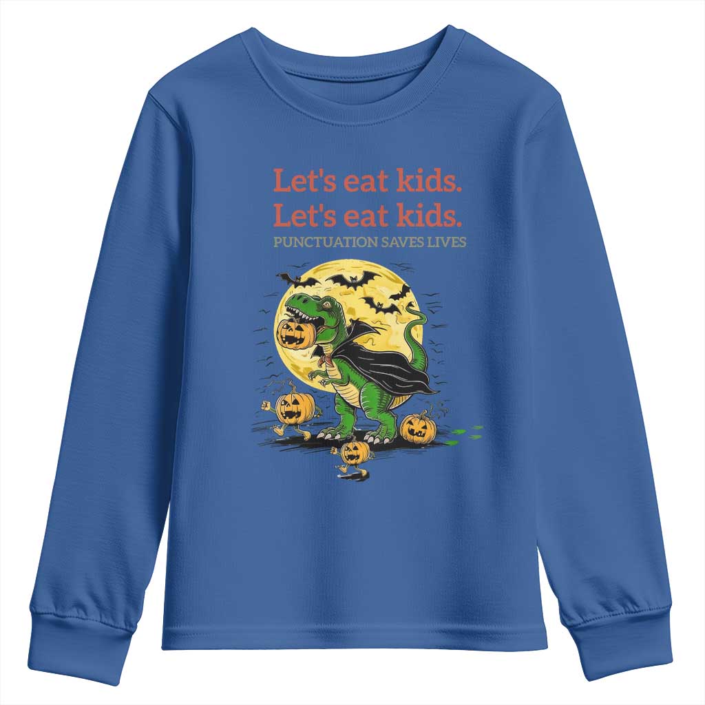 Grammar English Teacher Youth Sweatshirt Funny Halloween Dinosaurs Pumpkin Punctuation Saves Lives