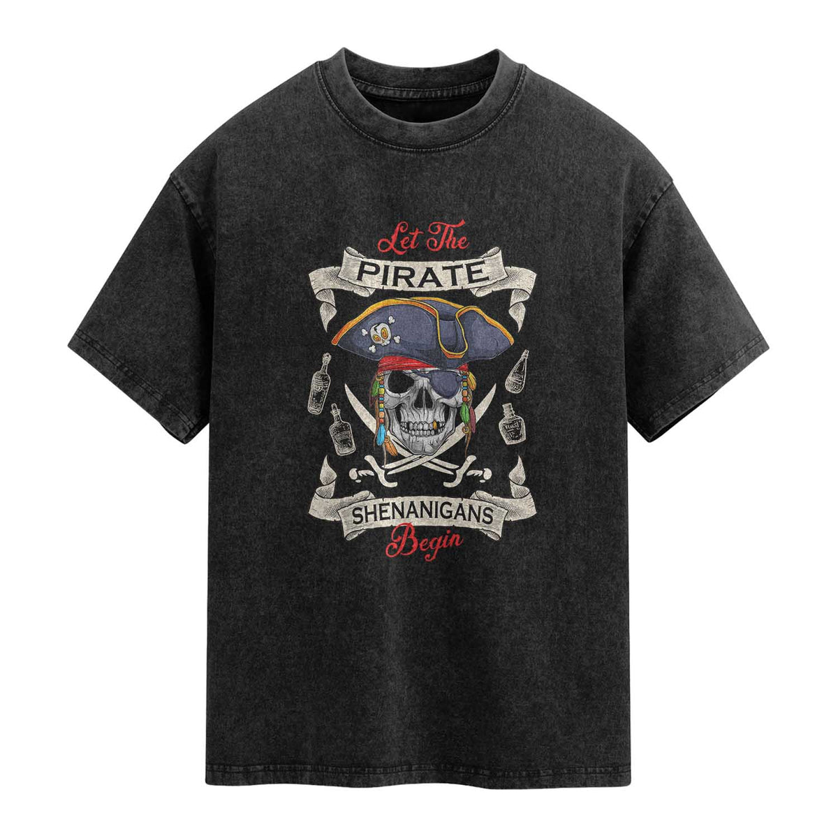 Skull Pirate Let The Pirate Shenanigans Begin Washed Cotton T-Shirt Halloween Crossbones Freebooter