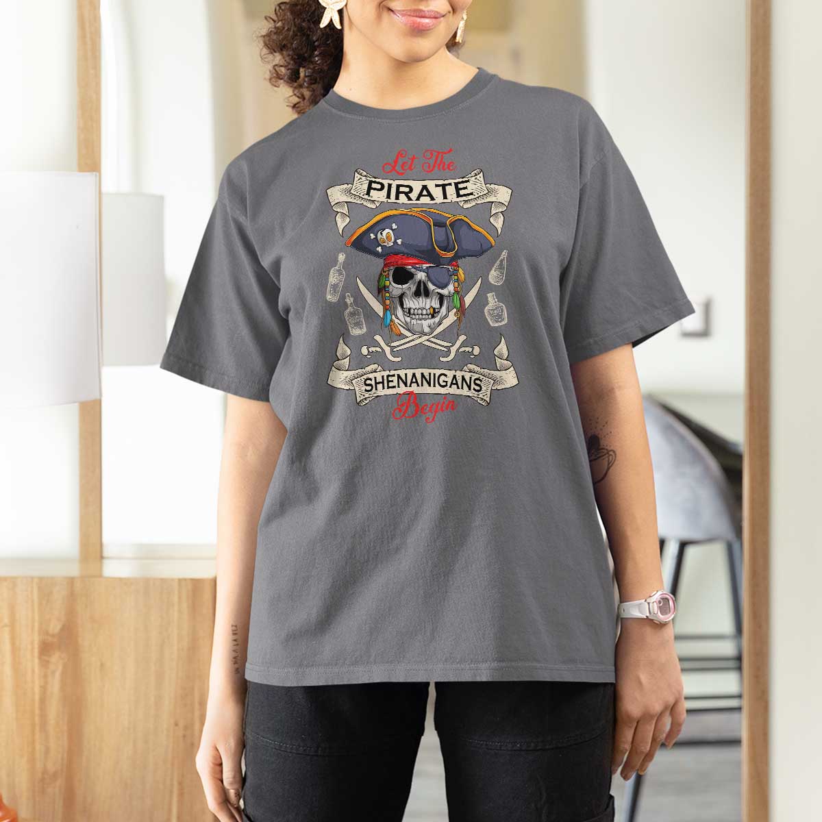 Skull Pirate Let The Pirate Shenanigans Begin T Shirt For Women Halloween Crossbones Freebooter