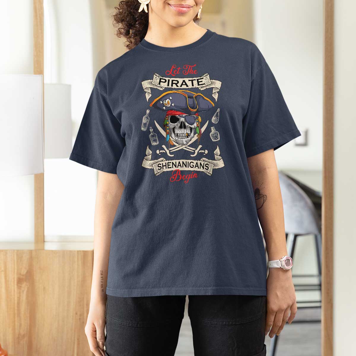 Skull Pirate Let The Pirate Shenanigans Begin T Shirt For Women Halloween Crossbones Freebooter