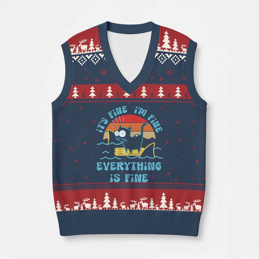 It's Fine I'm Fine Everything Is Fine Funny Cat V-Neck Knit Sweater Vest Xmas Gift - Wonder Print Shop