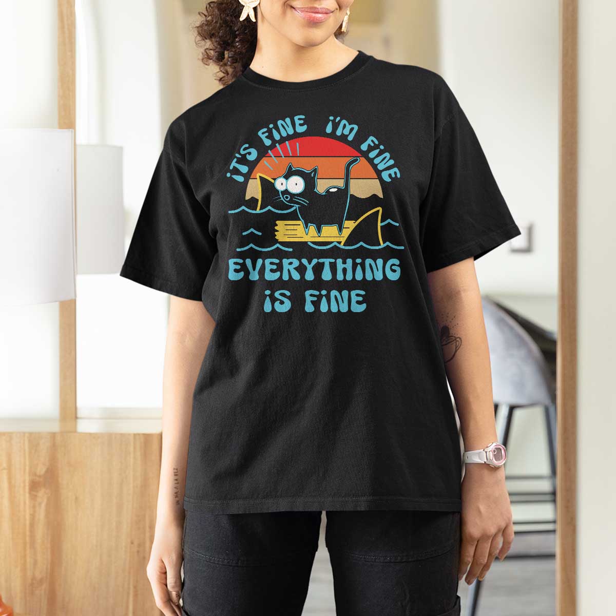It's Fine I'm Fine Everything Is Fine Funny Cat T Shirt For Women Christmas Gift - Wonder Print Shop