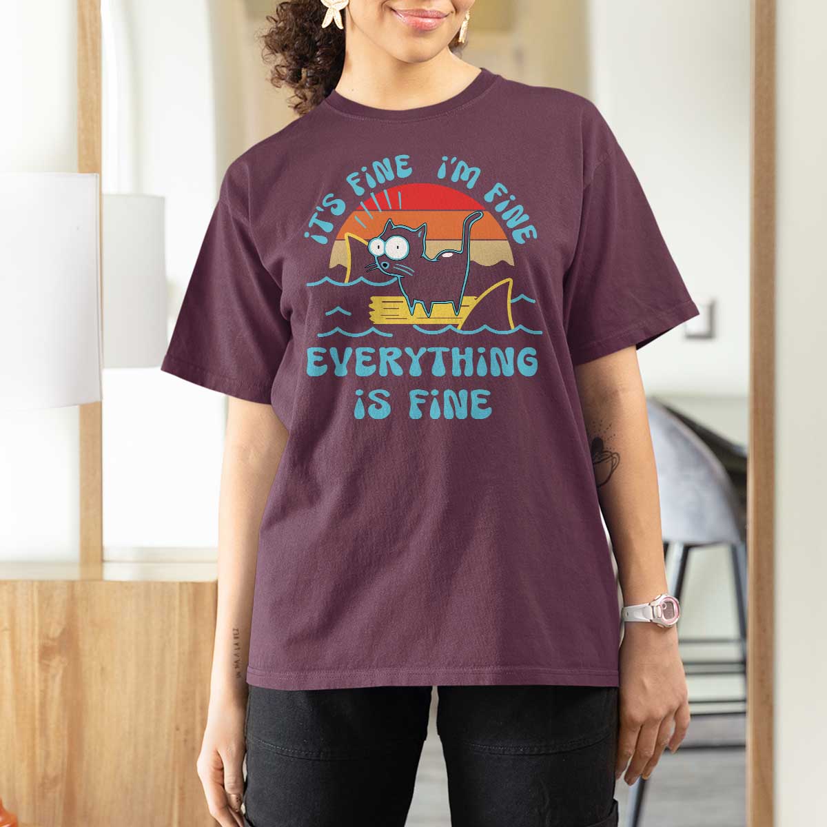 It's Fine I'm Fine Everything Is Fine Funny Cat T Shirt For Women Christmas Gift - Wonder Print Shop