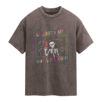 Funny Teacher Washed Cotton T-Shirt I'll Just Wait Until It's Quiet Leopard Teachers Skeleton
