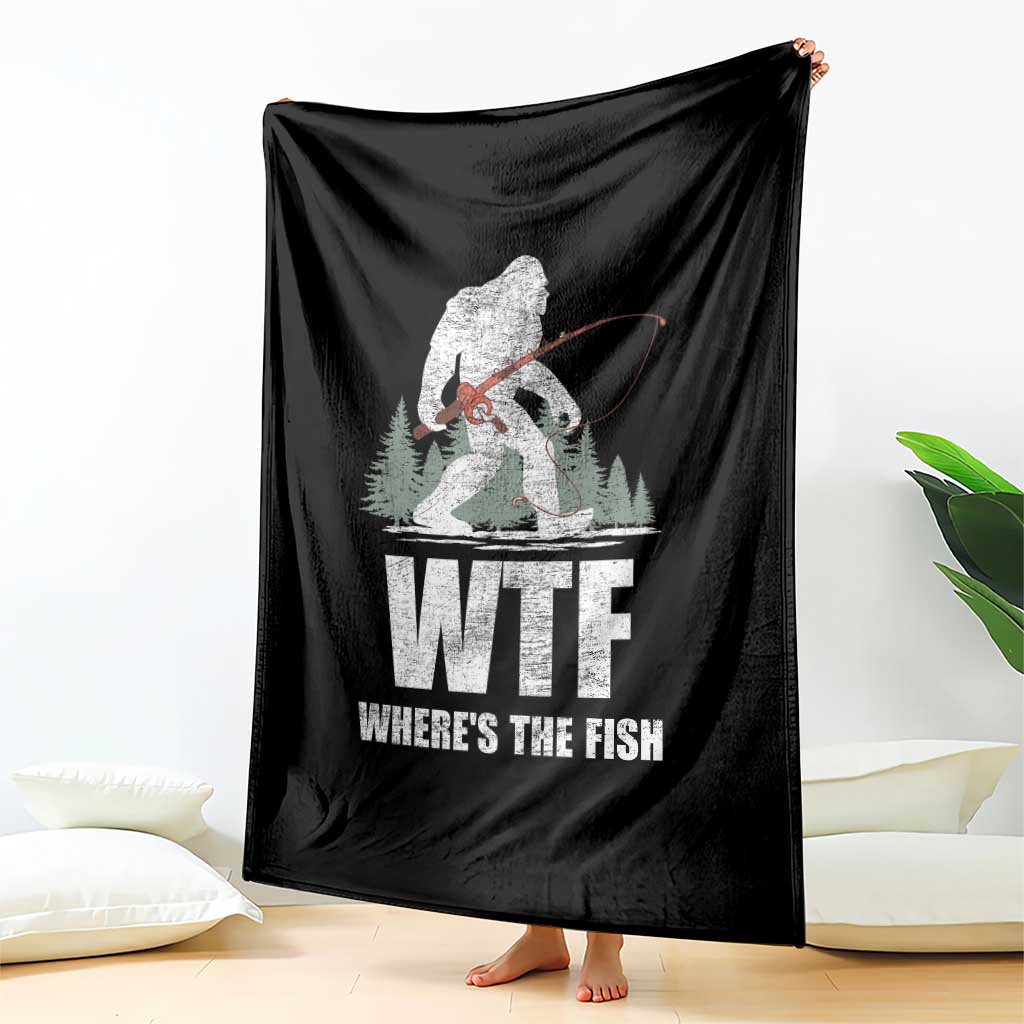 WTF Where's The Fish Throw Blanket Funny Fishing Gifts Bigfoot Sasquatch - Wonder Print Shop