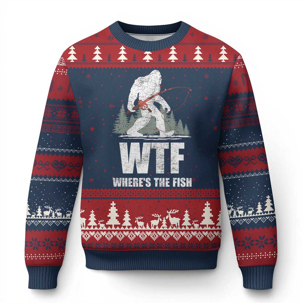 WTF Where's The Fish Ugly Christmas Sweater Funny Fishing Gifts Bigfoot Sasquatch - Wonder Print Shop