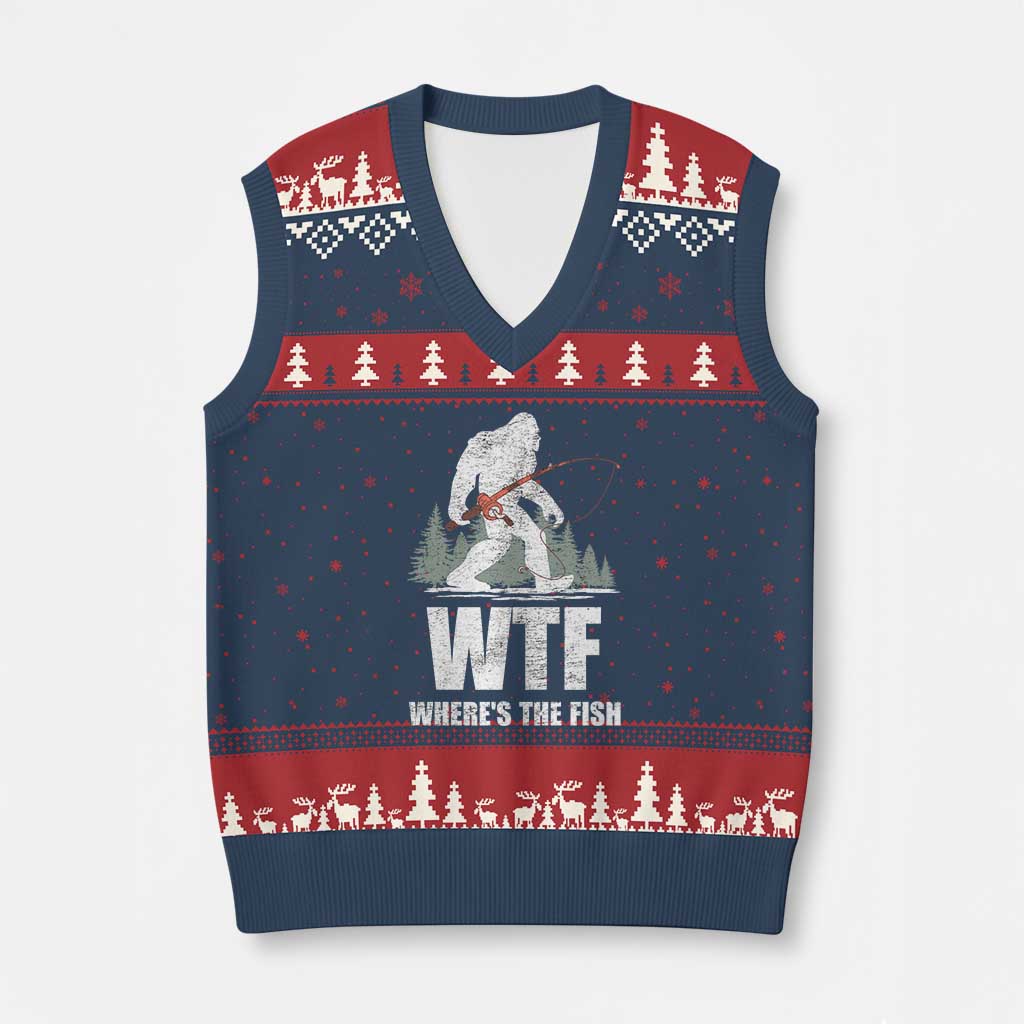 WTF Where's The Fish V-Neck Knit Sweater Vest Funny Fishing Gifts Bigfoot Sasquatch - Wonder Print Shop