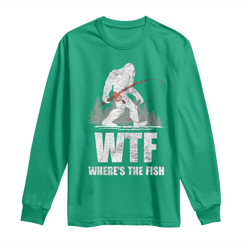 WTF Where's The Fish Long Sleeve Shirt Funny Fishing Gifts Bigfoot Sasquatch - Wonder Print Shop