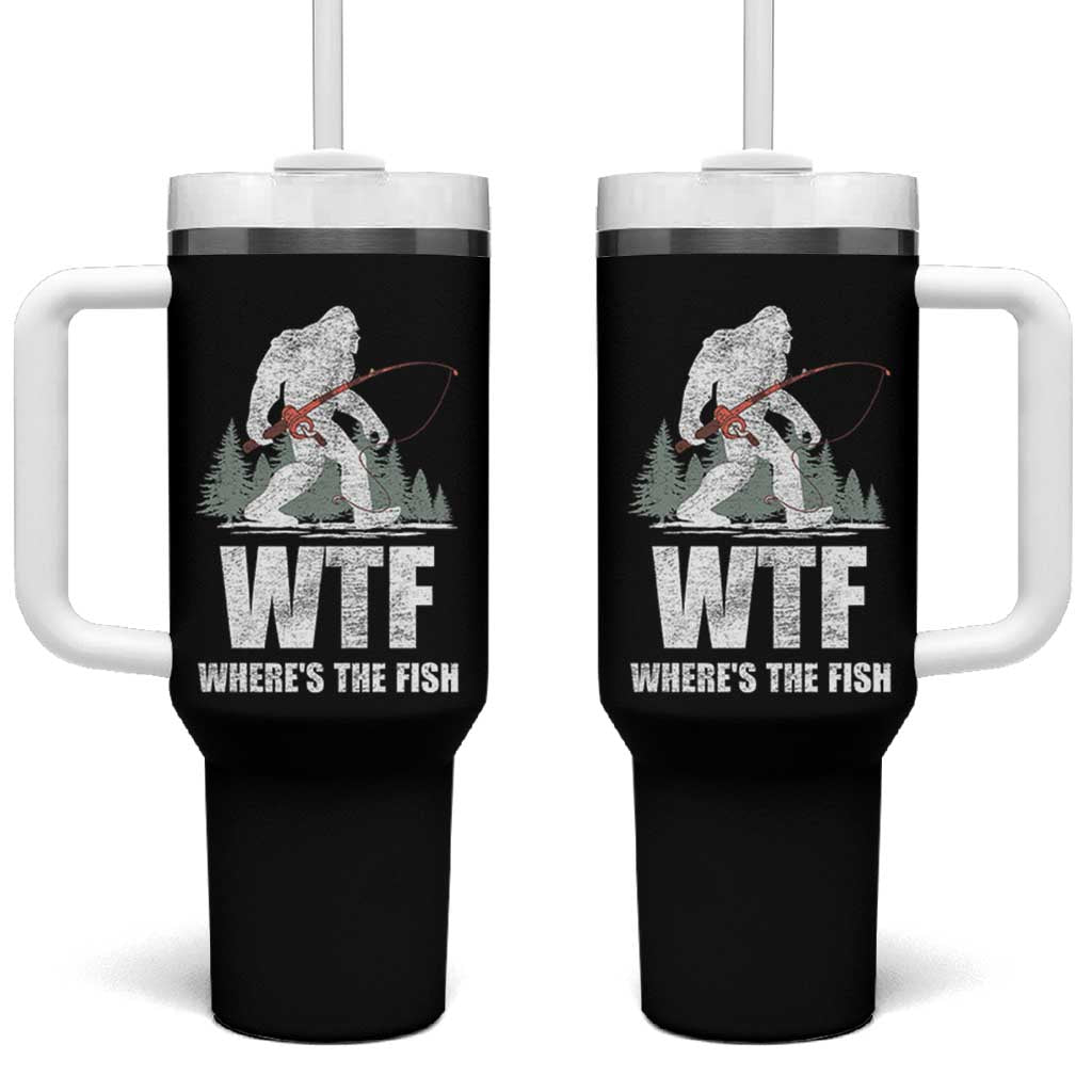 WTF Where's The Fish Tumbler With Handle Funny Fishing Gifts Bigfoot Sasquatch - Wonder Print Shop
