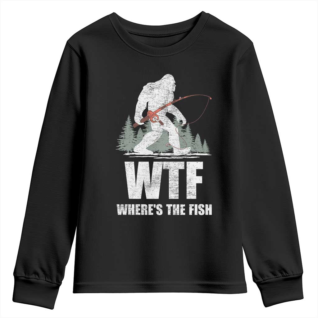 WTF Where's The Fish Youth Sweatshirt Funny Fishing Gifts Bigfoot Sasquatch - Wonder Print Shop