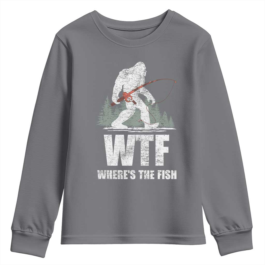 WTF Where's The Fish Youth Sweatshirt Funny Fishing Gifts Bigfoot Sasquatch - Wonder Print Shop