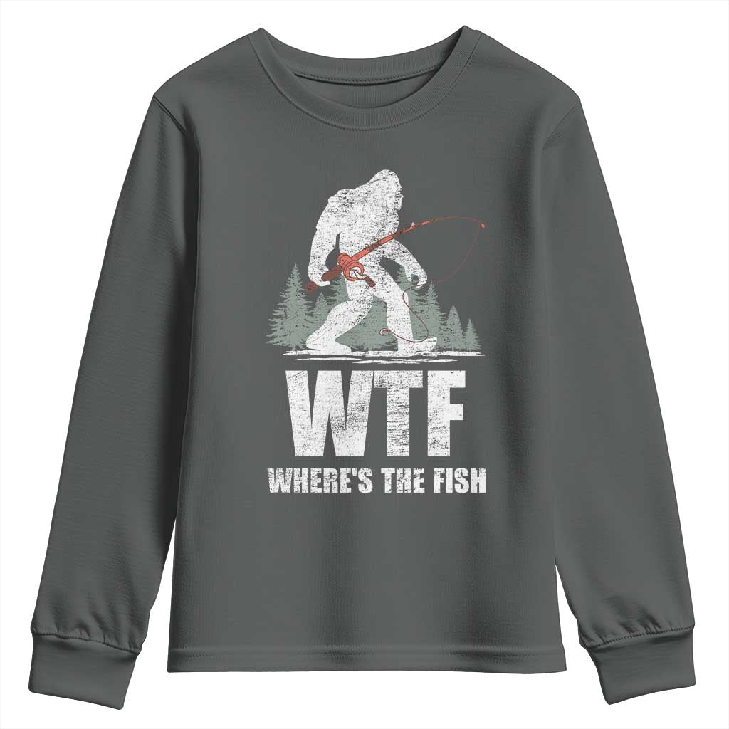 WTF Where's The Fish Youth Sweatshirt Funny Fishing Gifts Bigfoot Sasquatch - Wonder Print Shop