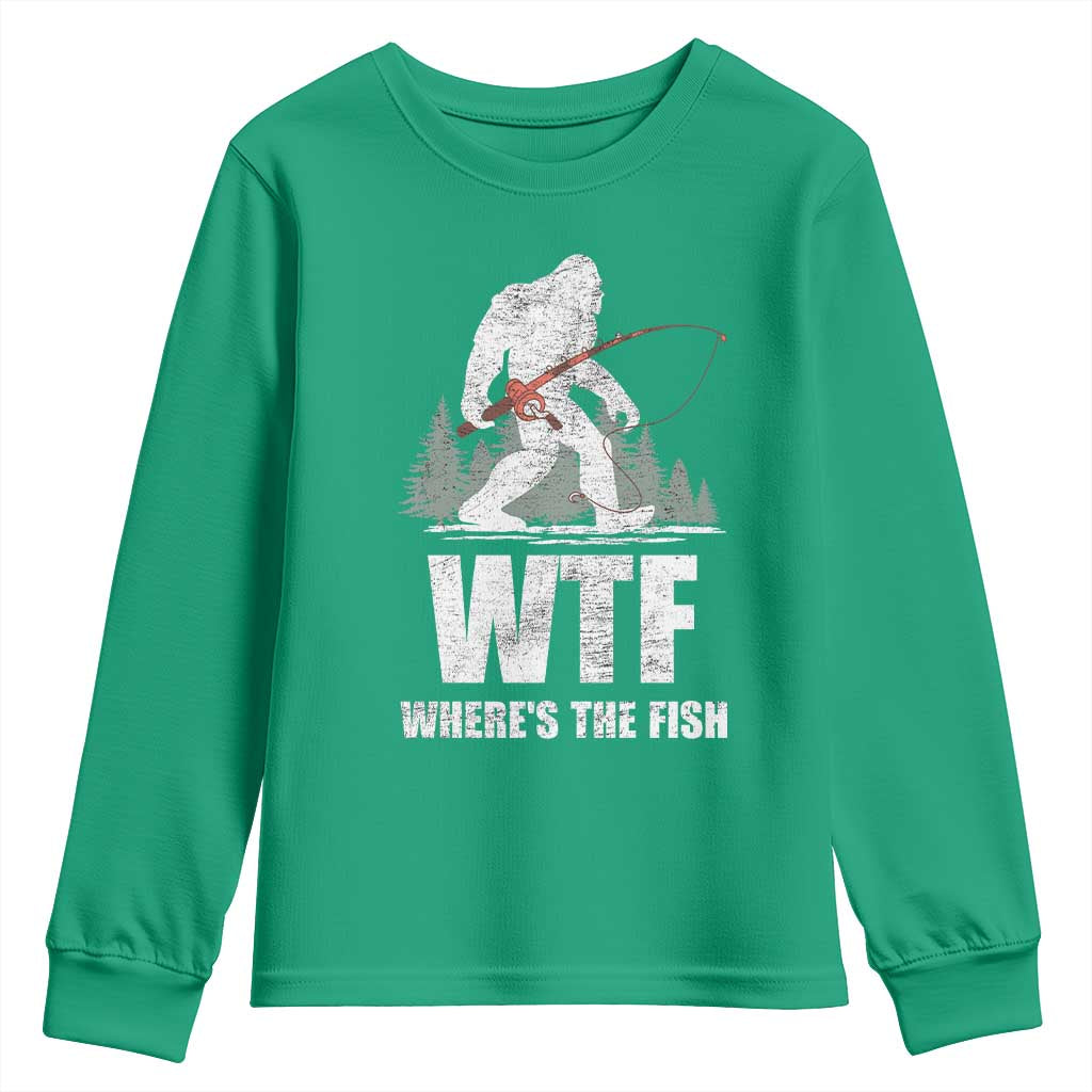 WTF Where's The Fish Youth Sweatshirt Funny Fishing Gifts Bigfoot Sasquatch - Wonder Print Shop
