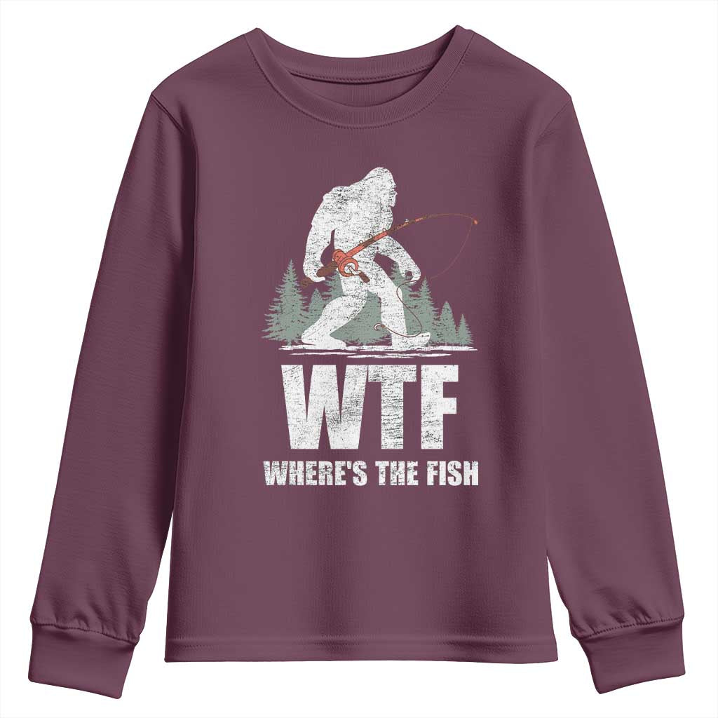 WTF Where's The Fish Youth Sweatshirt Funny Fishing Gifts Bigfoot Sasquatch - Wonder Print Shop
