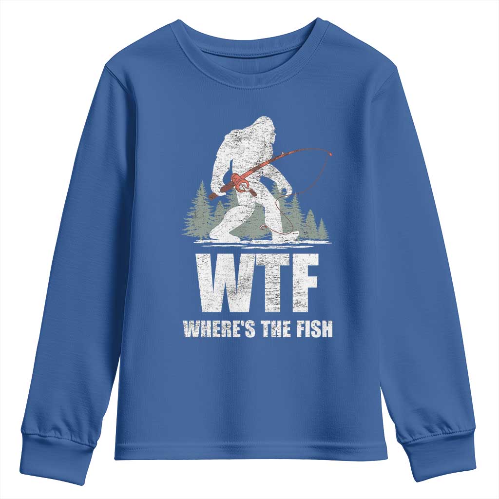 WTF Where's The Fish Youth Sweatshirt Funny Fishing Gifts Bigfoot Sasquatch - Wonder Print Shop