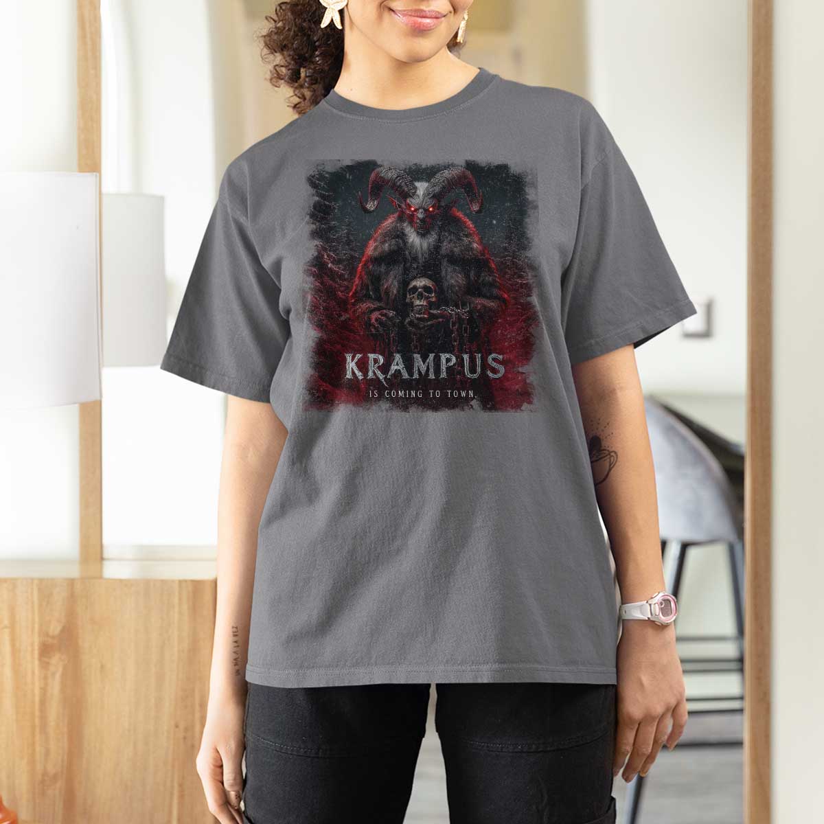 Krampus Is Coming To Town T Shirt For Women Gothic Dark Xmas Gift Horror Holiday - Wonder Print Shop