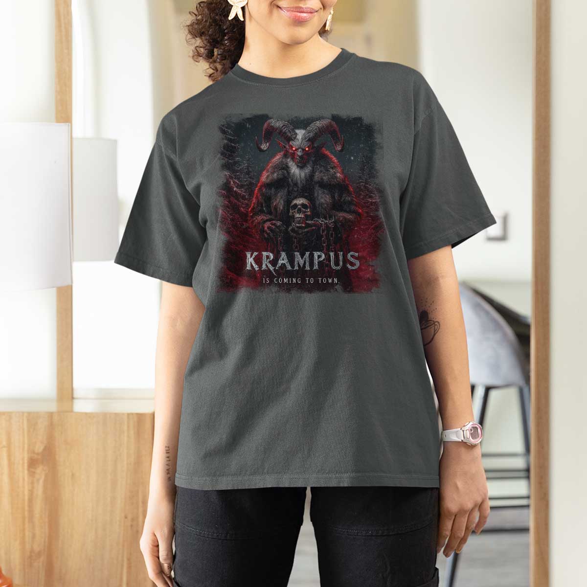 Krampus Is Coming To Town T Shirt For Women Gothic Dark Xmas Gift Horror Holiday - Wonder Print Shop