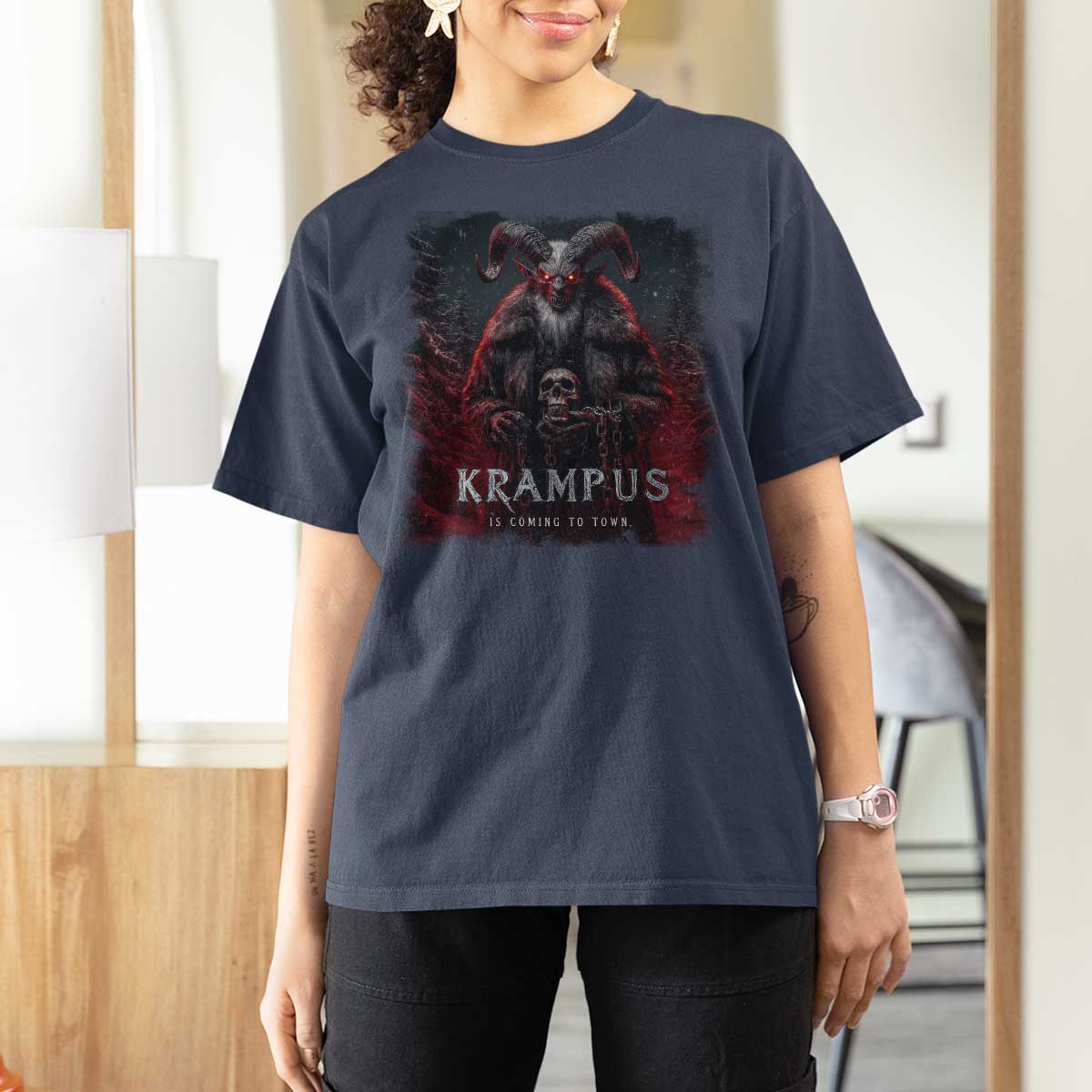 Krampus Is Coming To Town T Shirt For Women Gothic Dark Xmas Gift Horror Holiday - Wonder Print Shop
