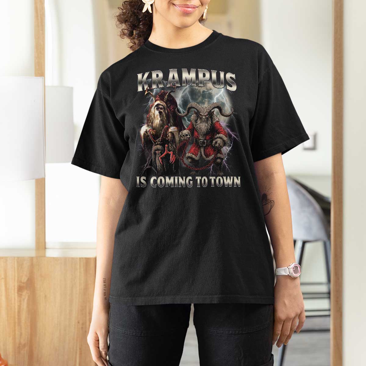 Krampus Is Coming To Town T Shirt For Women Vintage Gothic Dark Xmas Gift Horror Holiday - Wonder Print Shop
