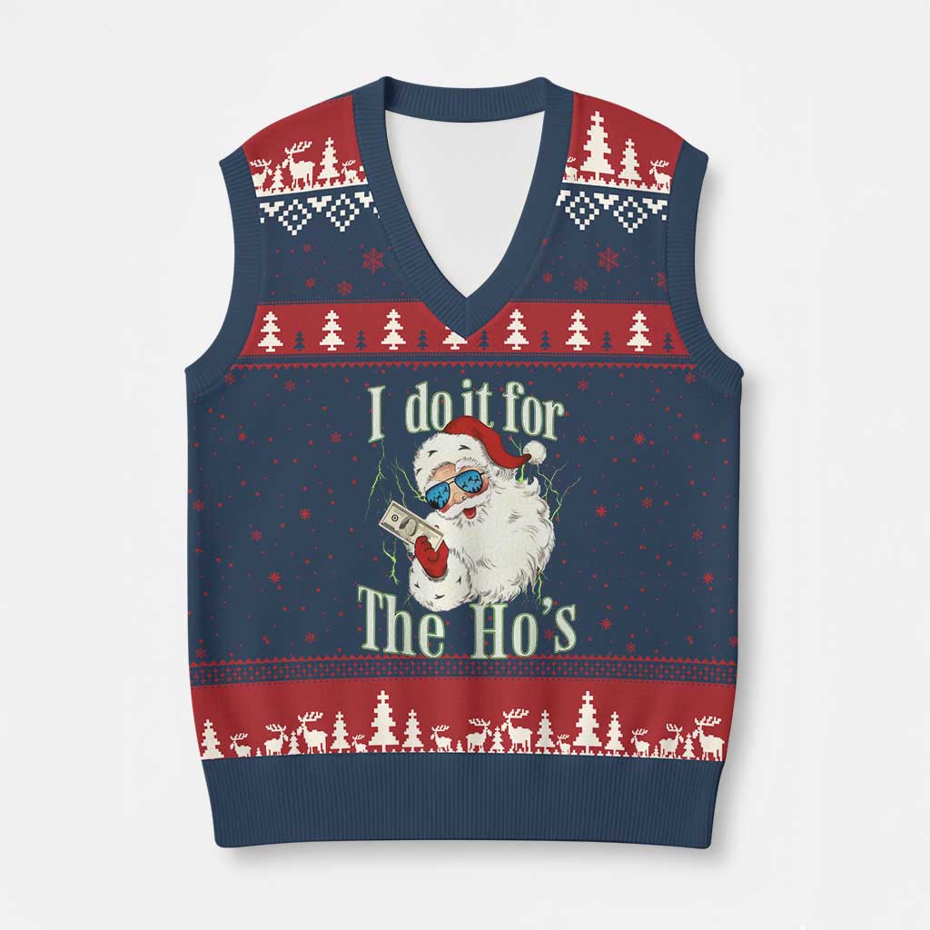 I Do It For The Hos V-Neck Knit Sweater Vest Rude Offensive Christmas Santa Face Retro Bootleg - Wonder Print Shop
