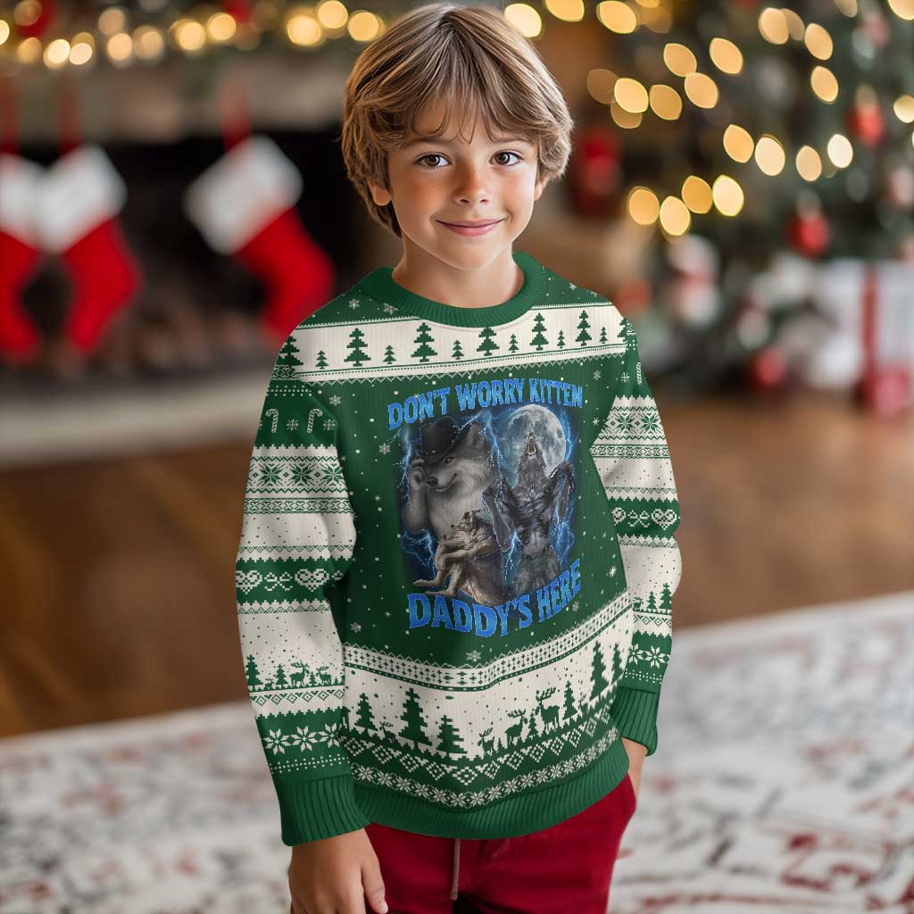 Funny Alpha Wolf Ugly Christmas Sweater Don't Worry Kitten Daddy's Here 90s Vintage Bootleg - Wonder Print Shop