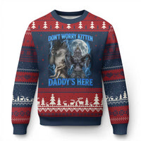 Funny Alpha Wolf Ugly Christmas Sweater Don't Worry Kitten Daddy's Here 90s Vintage Bootleg - Wonder Print Shop