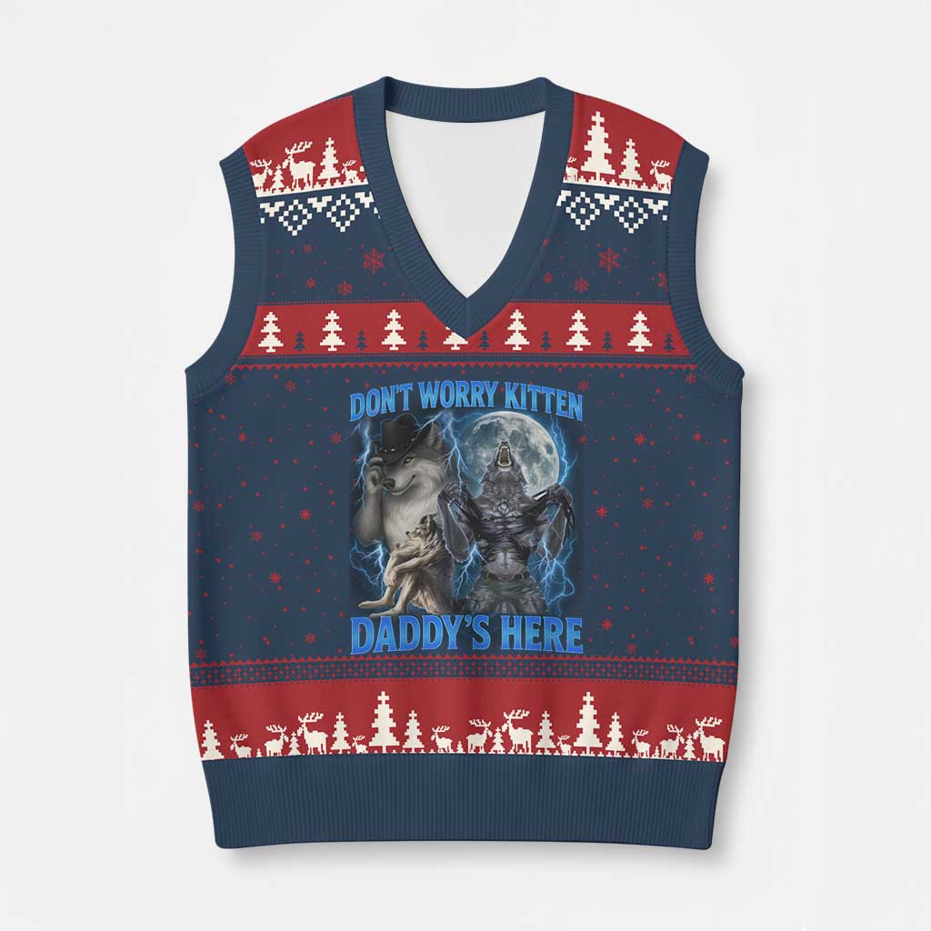 Funny Alpha Wolf V-Neck Knit Sweater Vest Don't Worry Kitten Daddy's Here 90s Vintage Bootleg - Wonder Print Shop
