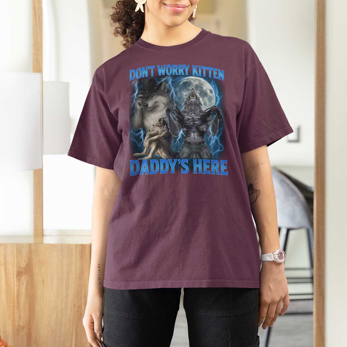 Funny Alpha Wolf T Shirt For Women Don't Worry Kitten Daddy's Here 90s Vintage Bootleg - Wonder Print Shop