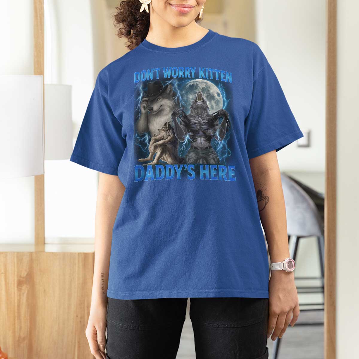 Funny Alpha Wolf T Shirt For Women Don't Worry Kitten Daddy's Here 90s Vintage Bootleg - Wonder Print Shop