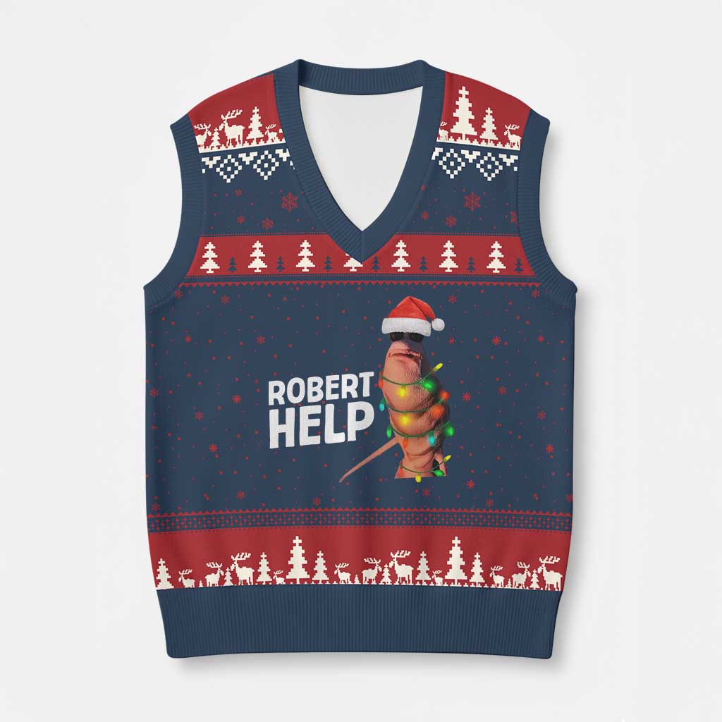 Marcus The Worm Xmas V-Neck Knit Sweater Vest Robert Help Internet Weirdcore Brainrot Humor - Wonder Print Shop