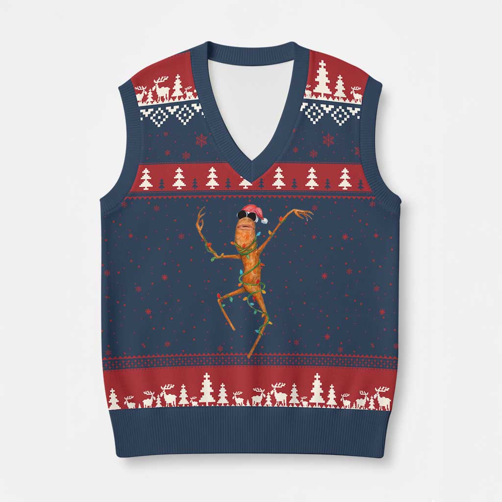 Marcus The Worm Xmas V-Neck Knit Sweater Vest Internet Weirdcore Brainrot Humor - Wonder Print Shop