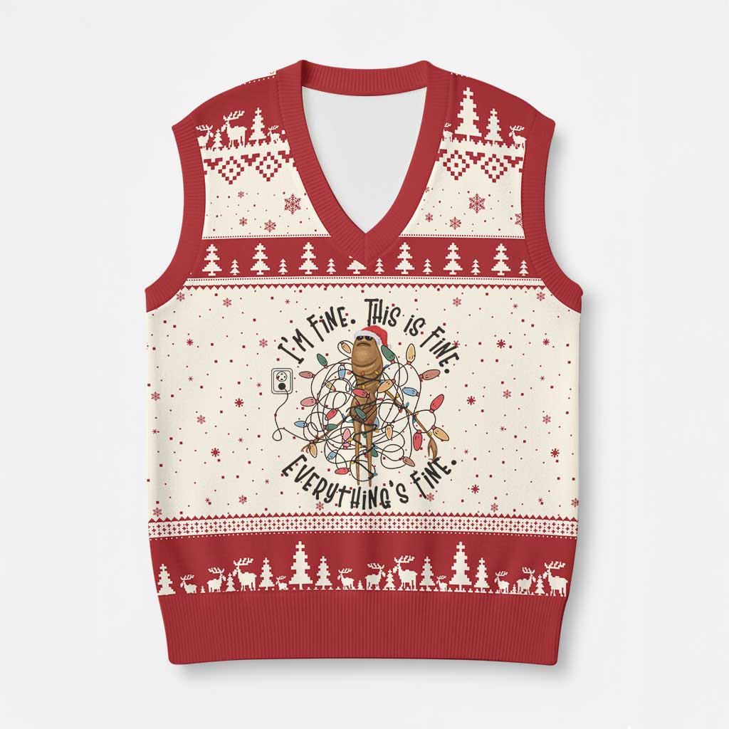 Marcus The Worm Xmas Meme V-Neck Knit Sweater Vest I'm Fine Everything is Fine - Wonder Print Shop