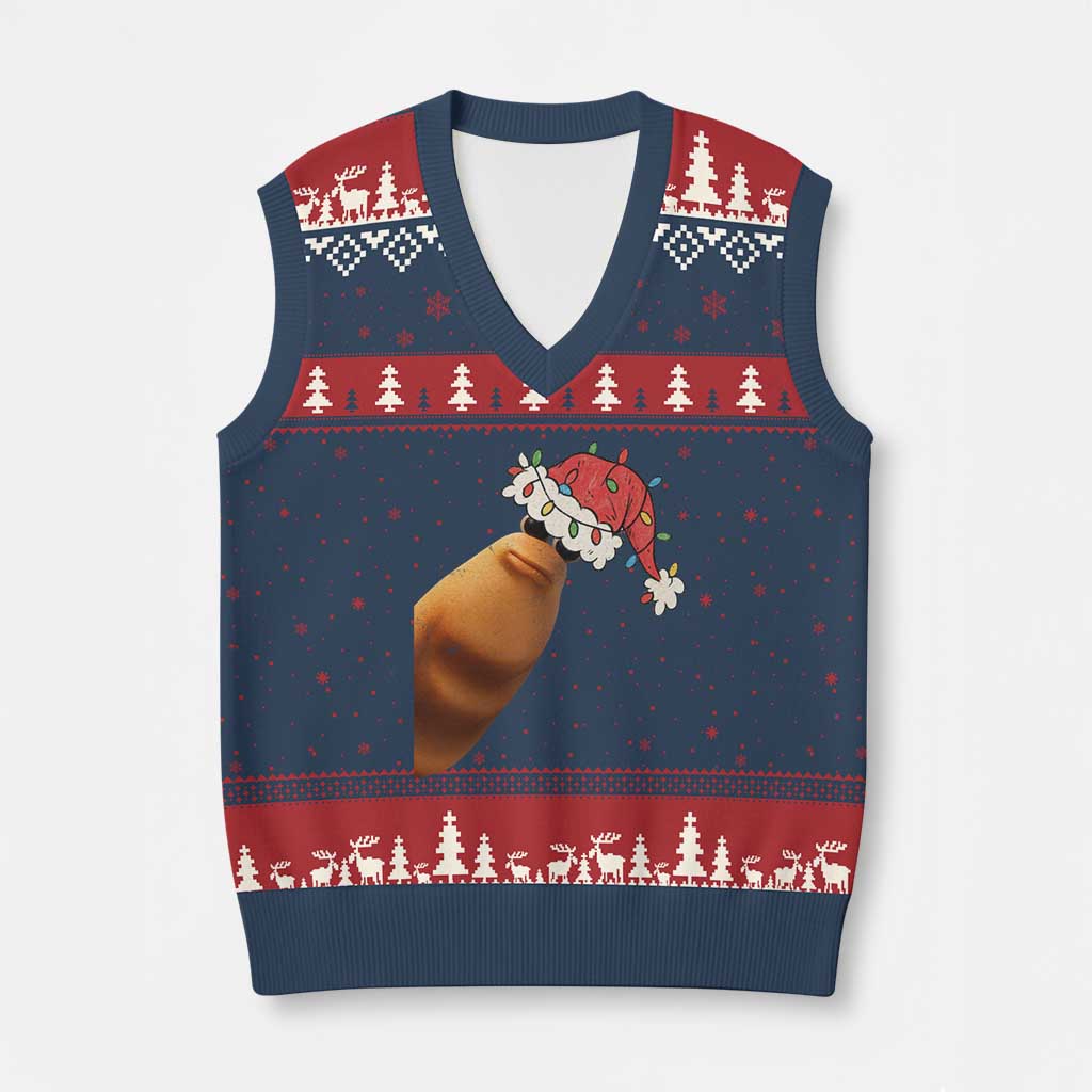 Marcus The Worm Xmas V-Neck Knit Sweater Vest Funny Internet Brainrot Meme - Wonder Print Shop